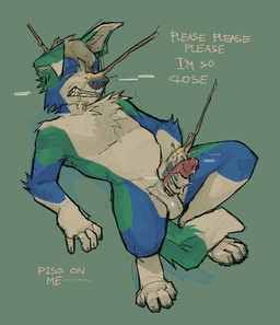 anthro balls begging bodily_fluids clenched_teeth erection fur genital_fluids genitals male masturbation nude offscreen_character peeing peeing_on_face penile penile_masturbation penis precum simple_background solo teeth text urine urine_on_face urine_stream watersports openfracturesday canid canine canis domestic_dog mammal absurd_res digital_media_(artwork) english_text hi_res