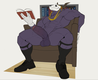 abs anthro armchair balls biceps black_sclera bodily_fluids bone book bookshelf chair clothing dripping erection footwear foreskin furniture genital_fluids genitals gloves handwear holding_book holding_object humanoid_genitalia humanoid_penis legwear male male_anthro mostly_nude_male muscular muscular_male pecs penis precum precum_drip purple_body reclining shoes simple_background sitting skull skull_head sock_garters socks solo spread_legs spreading white_background white_clothing white_gloves white_handwear dottodottodott0 the_ancient_magus'_bride elias_ainsworth monster digital_drawing_(artwork) digital_media_(artwork) flat_colors hi_res