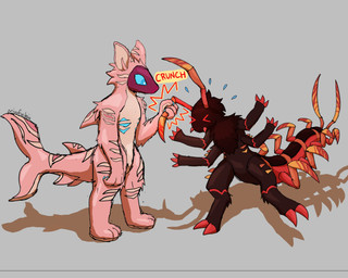 4_arms 4_fingers ambiguous_gender antennae_(anatomy) anthro blue_body blue_claws blue_eyes blue_gills blue_sclera bodily_fluids brown_body brown_fur claws duo fight fin fingers fur grabbing_character grey_background multi_arm multi_limb pain pained_expression pink_body pink_fin pink_fur pink_inner_ear pink_stripes purple_body purple_fur red_claws red_eyes shark_fin shark_tail simple_background sound_effects stripes sweat violence wounded privafuchsia kaiju_paradise aquatic arthropod centipede cetacean crawlipede_(kaiju_paradise) dolphin gootraxian mammal myriapod pseudo_shork_(kaiju_paradise) toothed_whale 2026 digital_drawing_(artwork) digital_media_(artwork) hi_res