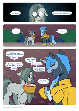 armor basket blue_hair blue_tail braided_hair braided_ponytail container cutie_mark dialogue duo female feral gradient_hair grey_body grey_tail hair horn male mouth_hold ponytail tail text redxbacon friendship_is_magic hasbro my_little_pony mythology fan_character marble_pie_(mlp) pillow_talk_(redxbacon) earth_pony equid equine horse mammal mythological_creature mythological_equine pony unicorn absurd_res comic english_text hi_res