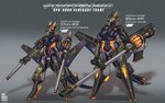 anthro big_breasts black_body breasts duo featureless_breasts featureless_crotch female grey_body gun machine male multicolored_body orange_body ranged_weapon science_fiction standing tail text weapon wide_hips wings yellow_eyes oatmegaplus robot 2024 english_text hi_res