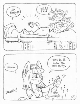 anthro blush blush_lines clothed clothed_anthro clothed_female clothing cutie_mark dialogue duo exclamation_point eyelashes female fully_clothed fully_clothed_anthro fully_clothed_female horn lotion lotion_bottle massage massage_oil massage_table massager partially_clothed_anthro partially_clothed_female salon spa spa_treatment speech_bubble tail text towel unicorn_horn circe_(artist) friendship_is_magic hasbro my_little_pony mythology rarity_(mlp) suri_polomare_(mlp) earth_pony equid equine horse mammal mythological_creature mythological_equine pony unicorn comic english_text monochrome