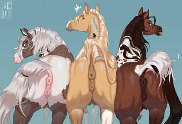 anatomically_correct anatomically_correct_anus anatomically_correct_genitalia anatomically_correct_vulva animal_genitalia animal_vulva anus bedroom_eyes brown_body butt equine_anus equine_genitalia equine_vulva female feral fur genitals group looking_at_viewer looking_back narrowed_eyes presenting presenting_hindquarters puffy_anus quadruped raised_tail rear_view seductive simple_background smile standing tail take_your_pick tan_body teats teeth tongue tongue_out trio vulva white_body jaribka equid equine horse mammal digital_media_(artwork)