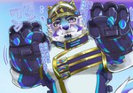 anthro blush clothing facial_markings fur hat head_markings headgear headwear male markings mecha_fist military_uniform muscular muscular_anthro muscular_male solo text uniform white_body white_fur chigiri lifewonders live_a_hero sadayoshi canid canine mammal hi_res japanese_text