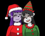 anthro black_hair black_nose breasts christmas_clothing christmas_headwear clothed clothing duo eyes_closed female female/female fur grey_body grey_fur hair hat headgear headwear holidays open_mouth purple_body purple_fur purple_hair santa_hat simple_background transparent_background fiona_(artist) christmas nicole_(xelaaredn) tawney ailurid mammal procyonid raccoon red_panda 5:4 alpha_channel herm_(lore)