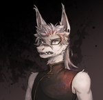 anthro blue_eyes clothed clothing ear_piercing facial_scar fur hair male piercing scar simple_background solo teeth topwear vest white_body white_fur white_hair ishimaurell mythology dragon furred_dragon furred_scalie mythological_creature mythological_scalie scalie 2021 bust_portrait portrait