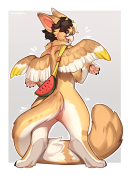 ambiguous_gender anthro beak biped butt claws countershade_torso countershading eyewear feathers feet fingers fur glasses hair nude nude_ambiguous nude_anthro paws rear_view simple_background smile solo standing tail toes tongue wings spuydjeks avian bird 2026 digital_drawing_(artwork) digital_media_(artwork) hi_res