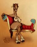 anthro biped breasts crossed_legs ear_piercing ear_ring eyelashes fainting_couch female furniture hooves horizontal_pupils jewelry nipples nude piercing pupils ring_piercing simple_background sitting solo tail wide_hips ecmajor third-party_edit camel camelid mammal 2019 hi_res traditional_media_(artwork)