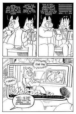 anthro bodily_fluids book bottomwear cellphone clothed clothing computer cum duo ejaculation electronics erection erection_under_clothing genital_fluids genitals male male/male masturbation overweight overweight_male pants penis phone sex shirt sitting smartphone text tongue tongue_out topwear billy_fore domestic_cat domestic_pig felid feline felis mammal suid suine sus_(pig) 2022 comic english_text hi_res monochrome