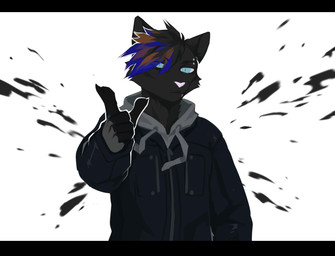 abstract_background anthro black_bars black_body black_fur black_hair blue_clothing blue_eyes blue_hair blue_jacket blue_topwear brown_hair cheek_tuft clothed clothing dark_clothing dark_topwear eyebrow_piercing facial_piercing facial_tuft front_view fur hair jacket male narrowed_eyes neck_tuft piercing pink_nose solo standing topwear tuft unsigned corzh77 domestic_cat felid feline felis mammal half-length_portrait hi_res letterbox portrait