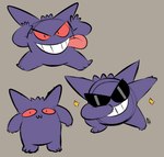 ambiguous_gender big_tongue black_eyewear black_sunglasses dabbing eyewear feral making_faces male owo simple_background smile solo sunglasses taunting teasing teeth tongue tongue_out pastelcore nintendo pokemon generation_1_pokemon gengar pokemon_(species) 2019 hi_res meme