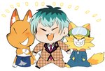 anthro apron blue_apron blue_clothing blush clothing grin group hair hand_in_pocket jumpsuit male necktie pockets simple_background smile suit teal_hair trio walking hyaku_(artist) animal_crossing hypnosis_mic nintendo warioware crazy_redd sasara_nurude spitz_(warioware) unknown_character canid canine domestic_cat felid feline felis fox human mammal 2020 digital_media_(artwork)