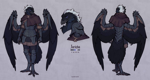anthro armor black_body black_feathers cheek_tuft chest_tuft claws cloak clothing facial_tuft feathered_wings feathers gauntlets gloves handwear headgear helmet male purple_eyes rictal_bristles solo tail tail_feathers text tuft white_body white_feathers wing_armor wings tashiroth avian bird corvid corvus_(genus) oscine passerine raven absurd_res full-length_portrait headshot_portrait hi_res model_sheet portrait signature