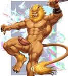 abs anthro armpit_hair balls blonde_hair body_hair claws ear_piercing ear_ring erection finger_claws genitals hair knife male muscular muscular_anthro nipples nude pecs penis piercing pubes ring_piercing solo toe_claws amon-sydonai bandai_namco digimon digimon_(species) leomon hi_res