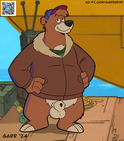 aged_up aircraft airplane animal_genitalia anthro balls baseball_cap bedroom_eyes belly bottomless bottomless_male brown_body brown_fur claws clothed clothing coat fur genitals hands_on_hips hat head_tuft headgear headwear looking_at_viewer male narrowed_eyes overweight overweight_anthro pantsless_male penis qr_code seductive sheath shirt smile solo standing tan_body tan_fur toe_claws topwear tuft vehicle water garrodor_(artist) disney talespin kit_cloudkicker bear mammal hi_res
