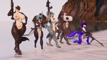 abs anthro beach big_breasts black_hair blue_hair breasts curvy_figure female group gun hair long-legs machine_gun multicolored_body nipples nude outside public ranged_weapon red_hair rifle sea sniper stripes two_tone_body walking water weapon wide_hips ekai-ben_(artist) foxipaws_(modeler) leodamodeler_(modeler) valorlynz_(modeler) warfaremachine_(modeler) nika_sharkeh pivari scylla_(xstack3000) suzuka_takahashi zea_nalya aquatic cetacean dolphin fish mammal oceanic_dolphin orca shark toothed_whale 16:9 hi_res widescreen
