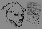 amber_eyes ambiguous_gender anthro bodily_fluids dark_sclera duo ears_down fangs male pained_expression pivoted_ears sweat teeth text worried dynogreeno wulfgard canid canine canis fairy mammal wolf english_text monochrome