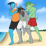 anthro anthrofied beach clothed clothing group male navel pokemorph shoulder_grab swimming_trunks swimwear topless trio waist_grab fuze nintendo pokemon gao_(fuze) jolt_(fuze) pawl_(fuze) electrike generation_3_pokemon marshtomp pokemon_(species) poochyena 1:1 hi_res