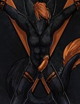 anthro balls bdsm black_body black_fur bondage bondage_furniture bound cuff_(restraint) eager erection fur genitals hair male nude penis restraints saint_andrew's_cross shackles solo spread_eagle tail toy_sergal mlw_(artist) k-2173 squeaks mammal sergal absurd_res hi_res