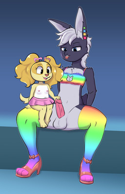 adult_on_young age_difference anthro bottomwear clothing duo erection female femboy footwear genitals high_heels humanoid_genitalia humanoid_penis legwear male male/female older_femboy older_male on_lap penis pigtails shoes sitting_on_lap skirt thick_thighs thigh_highs young younger_female anonymous_artist dollie_(triixs) sammy_(triixs) canid canine lagomorph leporid mammal rabbit hi_res