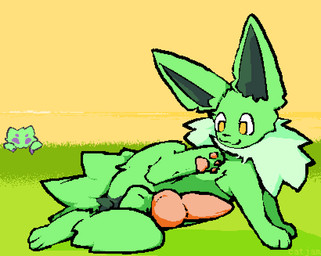 anus butt feral fur genitals grass green_body green_fur knot looking_at_genitalia looking_at_self male penis plant presenting presenting_hindquarters raised_leg sky smile yellow_eyes yellow_sky catjamn nintendo pokemon eeveelution generation_1_pokemon generation_5_pokemon jolteon joltik pokemon_(species) 2022 aliasing digital_media_(artwork)