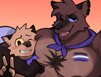 anthro arm_around_neck asexual_pride_colors black_eyes blue_sclera blush blush_lines bodypaint brown_body brown_eyes brown_fur clothed clothing duo ear_piercing fur gesture grin hair hand_gesture kerchief lgbt_pride looking_at_viewer male male/male muscular muscular_male neckerchief neckwear nipples one_eye_closed orange_background pecs piercing pose pride_colors selfie side_hug simple_background smile tan_body tan_fur teeth topless topless_male v_sign wink yellow_sclera rygel_spkb lgbt_pride_month milo_(rygel_spkb) yoby_(rygel_spkb) canid canine canis mammal wolf hi_res