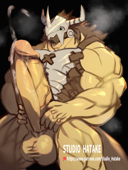 anthro armor balls biceps big_balls big_muscles big_penis bodily_fluids brown_hair chest_armor cum cum_string ejaculation genital_fluids genitals glans green_eyes hair holding_penis horn huge_balls huge_muscles huge_penis hyper hyper_genitalia hyper_penis looking_at_genitalia looking_at_penis male mostly_nude_male muscular muscular_arms muscular_thighs musk orgasm penis quads solo tail text thick_penis triceps vein veiny_penis yellow_body yellow_skin hatake bandai_namco digimon digimon_(species) wargreymon 2023 english_text signature url