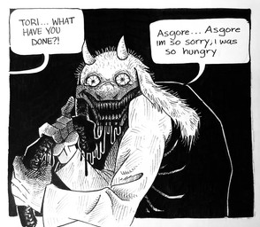analog_horror anthro black_background blood blood_from_mouth blood_in_mouth bodily_fluids body_parts clothing crazy_eyes creepy creepy_face creepy_smile devoured devouring dialogue female floppy_ears food gore hard_vore horn horror_(theme) insane long_ears looking_at_another looking_at_viewer manga_style meat messy_fur monstrous nightmare_fuel offscreen_character open_mouth robe sharp_teeth shirt simple_background smile solo speech_box talking_to_another tears teeth text topwear tunic vore super_meatwad under_mt._ebott_(analog_horror) undertale_(series) toriel boss_monster_(undertale) bovid caprine mammal black_and_white english_text monochrome