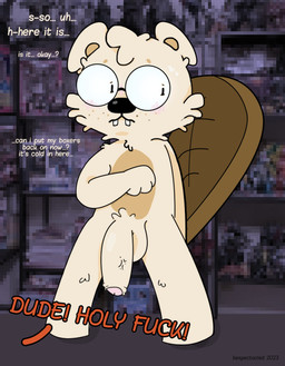 anthro balls big_penis big_tail blush bodily_fluids buckteeth dialogue embarrassed eyewear eyewear_only flaccid foreskin fur genitals glans glasses glasses_only humanoid_genitalia humanoid_penis male nerd nude offscreen_character opaque_glasses partially_retracted_foreskin penis presenting solo strip_poker sweat sweatdrop tail tan_body tan_fur teeth text toony toony_expression vein veiny_penis wearing_glasses bespectacled beaver mammal rodent 2023 artist_name dated english_text hi_res