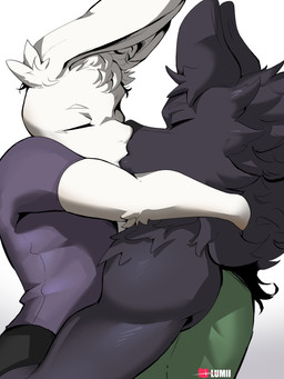 anthro clothing duo eyes_closed hug kissing male male/male muscular muscular_male shirt tank_top topwear lumii i_think_i_like_you mythology leon_ostiarius sky_(i_think_i_like_you) canid canid_demon canine canis demon hellhound lagomorph leporid mammal mythological_canine mythological_creature rabbit wolf 3:4 absurd_res hi_res