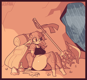 anthro axe backpack big_butt black_clothing border butt cave clothing collar female horn long_ears melee_weapon potion raining red_border solo thick_thighs topwear weapon wide_hips conditional_dnp welwraith goblin humanoid hi_res monochrome signature