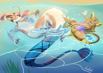 anthro blue_eyes breasts brown_body brown_hair clothing duo female hair hair_bun male one-piece_swimsuit open_mouth species_transformation surprised swimming swimwear tail transformation water moomaid nintendo pokemon alice_lovage mystic_(mysticaldeer) alolan_form alolan_raichu deer generation_3_pokemon generation_7_pokemon mammal milotic pokemon_(species) regional_form_(pokemon) 2026 absurd_res digital_media_(artwork) hi_res