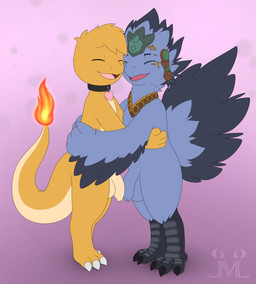 anthro belly big_tail blue_body blue_feathers collar eyes_closed feathers feet flaccid genitals hug humanoid_genitalia humanoid_penis male nude orange_body penis tail talons tan_belly toes winged_arms wings young young_anthro young_male jm-luxro final_fantasy nintendo pokemon square_enix avian charmander chocobo generation_1_pokemon pokemon_(species) absurd_res hi_res