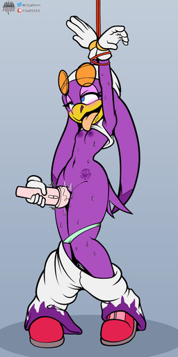 ahegao anthro bdsm beak blush bodily_fluids bondage bottomwear bottomwear_down bound breasts clothed clothing female genital_fluids genitals hands_tied looking_pleasured panties panties_down pants pants_down partially_clothed penetration purple_body sex_toy sex_toy_in_vagina sex_toy_insertion simple_background small_breasts underwear underwear_down vaginal vaginal_penetration vibrator vibrator_in_vagina vulva wide_hips fourssss sega sonic_riders sonic_the_hedgehog_(series) wave_the_swallow avian 2025 digital_drawing_(artwork) digital_media_(artwork) hi_res signature