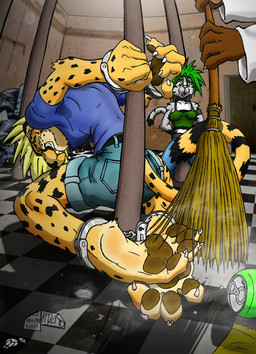 4_toes 5_fingers ankle_cuffs ankles_tied anthro barefoot bdsm biped blonde_hair bodily_fluids bondage bound breasts broom brown_pawpads chain chained claws cleaning_tool clothed clothing countershade_feet countershading crossed_feet cuff_(restraint) feet female fingers foot_fetish foot_focus fully_clothed fur green_hair group hair handcuffs hands_behind_back hands_tied hindpaw kneeling laugh markings metal_cuffs pawpads paws plantigrade restrained restraints soles spots spotted_body spotted_fur submissive submissive_female tail tears tickle_torture tickling tickling_feet toe_claws toes trio foot-paws cheetah felid feline mammal pantherine tiger