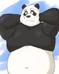 anthro belly black_body black_fur black_nose blush fur humanoid_hands kemono male navel overweight overweight_anthro overweight_male solo white_body white_fur yaki_atsuage bear giant_panda mammal 2021 4:5 hi_res