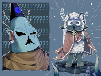 ambiguous_gender anthro bandage bandaged_ear bell bell_collar black_body black_eyes black_sclera blue_body bubble cape clothing collar duo female fur holding_object holding_weapon melee_weapon multicolored_body oxygen_tank question_mark seaweed sharp_teeth snorkel sword teeth weapon white_body white_fur wool_(fur) nari_chan_jk cult_of_the_lamb massive_monster_(studio) kallamar_(cult_of_the_lamb) lamb_(cult_of_the_lamb) aquatic bovid caprine cephalopod coleoid mammal mollusk octopodiform octopus sheep 2026 4:3 hi_res