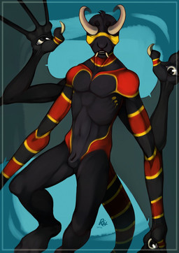 animal_genitalia anthro black_body body_horror eyeless fangs front_view fully_sheathed genitals head_tuft horn male markings membrane_(anatomy) membranous_wings navel nude red_body red_stripes sheath simple_background solo striped_arms striped_markings striped_tail stripes tail tail_markings tan_horn tan_teeth teeth tuft wings yellow_stripes riorix monster 2016 dated hi_res signature