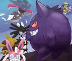 abstract_background accessory alternative_fashion ambiguous_gender beak blue_eyes bow_ribbon bow_tie female feral goth grin group hair_accessory hair_bow hair_ribbon looking_at_viewer mantle_(mollusk) melee_weapon purple_body red_eyes ribbons shield smile sword weapon ても nintendo pokemon aegislash alakazam animate_inanimate cephalopod eeveelution generation_1_pokemon generation_5_pokemon generation_6_pokemon gengar gothitelle living_melee_weapon living_sword living_weapon malamar marine mollusk pokemon_(species) sylveon hi_res