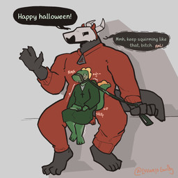 ambiguous_penetration black_body blush bone clothing costume devil_costume eyewear frill_(anatomy) glasses green_body green_clothing green_robe halloween_themed holiday_message holidays leash multicolored_body penetration profanity public public_sex red_outerwear red_outfit robe sex simple_background sitting sitting_on_another skull skull_head speech_bubble squirming stealth_sex tail talking_to_another text two_tone_body wearing_glasses whispering yellow_frill luvamisguilty halloween luvam_(luvamisguilty) maeryn_(luvamisguilty) demon lizard reptile scalie sleep_paralysis_demon 1:1 english_text hi_res