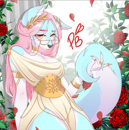 accessory anthro blue_body blue_fur breasts choker clothed clothing curvy_figure dress eyewear female flower fluffy fluffy_tail fur glasses gold_(metal) gold_jewelry hair jewelry necklace pink_hair plant ring rose_(flower) solo tail toga wreath yellow_eyes pugsbubbi ces canid canine fox mammal hi_res trans_(lore) trans_woman_(lore)