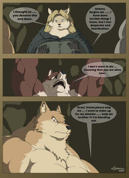 anthro armor big_muscles blonde_hair bodily_fluids bracers breasts cave cloak clothed clothing dialogue female fur grey_body grey_fur group hair male multicolored_hair muscular muscular_anthro muscular_male open_mouth orange_body orange_fur overweight overweight_anthro overweight_female red_body red_fur speech_bubble tears teeth text two_tone_hair white_body white_fur xxsparcoxx grael_(xxsparcoxx) helena_(xxsparcoxx) kraso_(xxsparcoxx) teofacio_larna canid canine canis fox mammal red_fox true_fox wolf 2020 comic digital_media_(artwork) english_text hi_res
