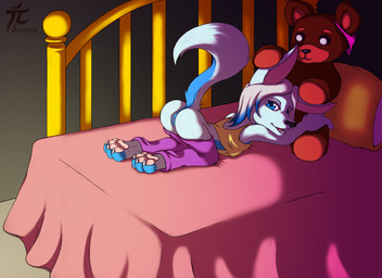 4_fingers 4_toes all_fours anthro bed blue_body blue_eyes blue_fur bottomwear bottomwear_down butt clothed clothing detailed_background discarded_clothing feet female fingers fur furniture genitals inside logo loli looking_back on_bed pants pants_around_ankles pants_down partially_clothed pawpads pillow pink_pawpads plushie presenting presenting_hindquarters raised_tail shirt solo tail tank_top teddy_bear toes topwear vulva young young_anthro young_female sogaroth canid canine fox mammal 2015 artist_logo digital_media_(artwork) hi_res shaded