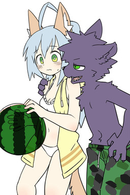 anthro bikini black_nose blue_hair blush bodily_fluids bottomwear breasts camo camo_bottomwear camo_clothing camo_pants camo_print cheek_tuft chest_tuft clothed clothing duo ear_tuft facial_tuft fangs female fur green_eyes grey_hair hair hand_on_shoulder holding_object interspecies kemono male monotone_body monotone_fur narrowed_eyes navel nervous orange_ears panties pants pattern_bottomwear pattern_clothing pattern_pants purple_body purple_fur sweat swimwear tan_body tan_skin teeth tuft two-piece_swimsuit underwear white_bikini white_clothing white_panties white_swimwear white_underwear pizademokttero nifram_logan animal_humanoid canid canine canis felid human humanoid mammal mammal_humanoid wolf 2021 2:3 digital_media_(artwork) hi_res portrait three-quarter_portrait