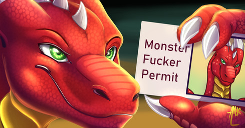 claws earhole feral finger_claws green_eyes holding_object horn male profanity red_body red_scales scales scutes solo text white_claws white_horn maralmok european_mythology monster_fucker_permit mythology zetralth dragon mythological_creature mythological_scalie scalie western_dragon digital_media_(artwork) english_text