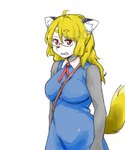 5:6 akuma_gaoru anthro big_breasts blonde_hair blue_clothing blue_dress breasts canid canine canis clothing domestic_dog dress eyewear female fluffy fluffy_tail fur gao-san glasses grey_body grey_fur hair mammal red_ribbon simple_background solo strap_between_breasts tail unumiseto white_background white_hair yellow_tail