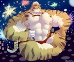 abs anthro beverage big_muscles big_nipples big_pecs container countershading crossed_legs cup eyes_closed fireworks fur hair holding_beverage holding_object huge_muscles huge_pecs hyper hyper_muscles male mug muscular muscular_anthro muscular_male navel nipples orange_body orange_fur pecs pink_nipples sitting skyline solo stripes white_body white_fur white_hair waffletheo nekojishi studio_klondike lin_hu felid mammal pantherine tiger 2022 absurd_res hi_res