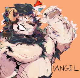 anthro armpit_hair black_body black_fur black_hair body_hair fur gesture hair hand_gesture looking_at_viewer male mane muscular pecs pointing pointing_at_self pubes simple_background smile solo white_body white_fur fluffos felid lion mammal pantherine hi_res