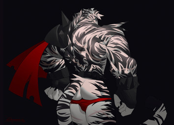 anthro barazoku black_background blue_eyes butt clothed clothing fur looking_at_viewer male muscular muscular_anthro muscular_male partially_clothed rear_view red_clothing red_underwear scar shoulder_guards simple_background solo spikes striped_body striped_fur stripes tail underwear white_body white_fur demure303 arknights hypergryph studio_montagne mountain_(arknights) felid mammal pantherine tiger 2025 absurd_res digital_media_(artwork) hi_res