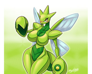 anthro arthropod_abdomen big_breasts breasts claws eyelashes featureless_breasts featureless_crotch female green_body looking_at_viewer number pokemorph pupils simple_background small_waist solo standing text thick_thighs white_sclera wide_hips wings yellow_eyes latiar nintendo pokemon arthropod generation_2_pokemon pokemon_(species) scizor shiny_pokemon 2023 artist_name digital_media_(artwork) english_text